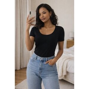 CIDER Black Short Sleeve Bodysuit | Scoop Neck Fitted One-Piece Top | Size L